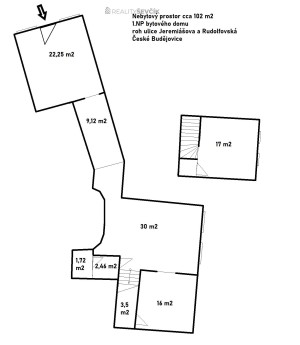 Pronájem nebytového prostoru 102 m² – České Budějovice, Jeremiášova x Rudolfovská