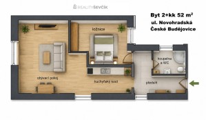 Pronájem bytu 2+kk, 52 m² – Novohradská 317/2, České Budějovice (centrum)