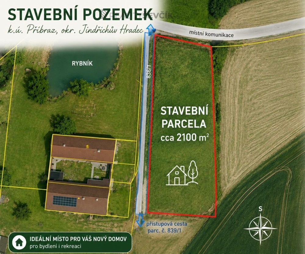 Prodej stavebního pozemku 2100 m2 v obci Příbraz, okres Jindřichův Hradec