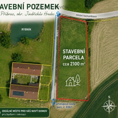 Prodej stavebního pozemku 2100 m2 v obci Příbraz, okres Jindřichův Hradec