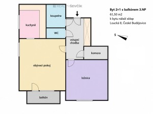 Pronájem bytu 2+1 s balkonem, 61,5 m² – Loucká, České Budějovice