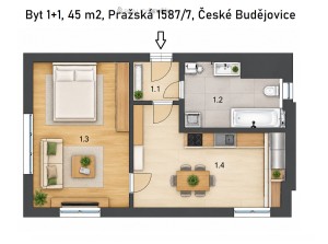 Pronájem bytu 1+1, 45 m2 v centru Českých Budějovic